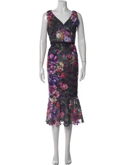 Pre-owned Marchesa Notte Floral Print Midi Length Dress In Black