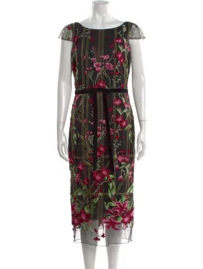 Pre-owned Marchesa Notte Floral Print Midi Length Dress In Black