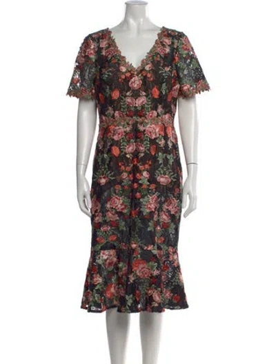 Pre-owned Marchesa Notte Floral Print Midi Length Dress In Black