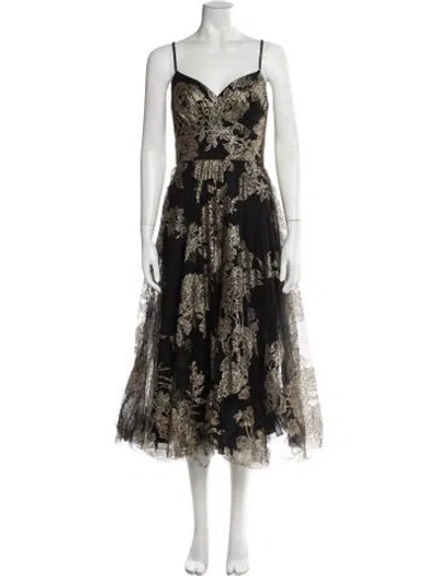 Pre-owned Marchesa Notte Floral Print Midi Length Dress In Black