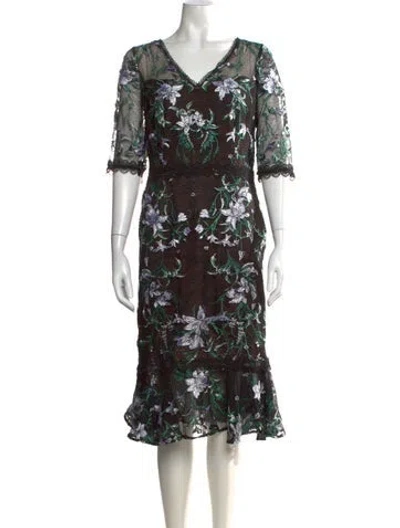 Pre-owned Marchesa Notte Floral Print Midi Length Dress In Black