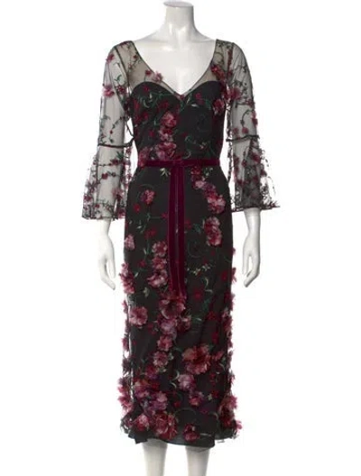 Pre-owned Marchesa Notte Floral Print Midi Length Dress In Black