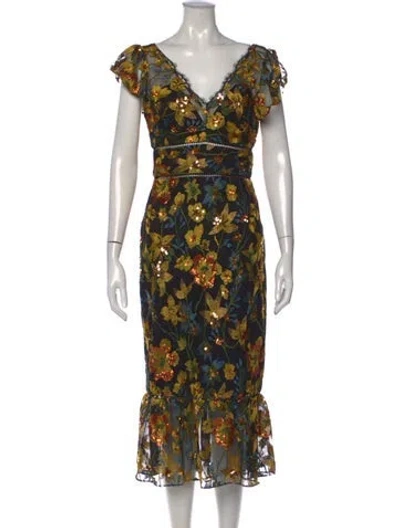 Pre-owned Marchesa Notte Floral Print Midi Length Dress In Black