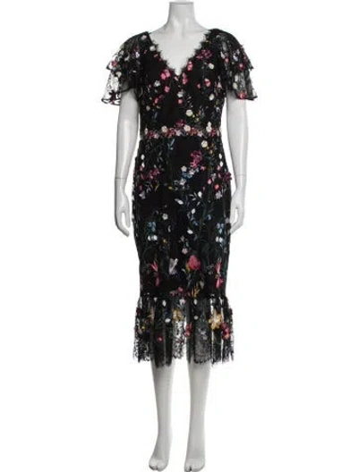 Pre-owned Marchesa Notte Floral Print Midi Length Dress In Black