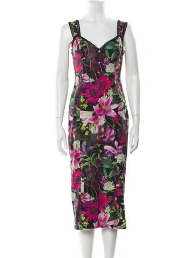 Pre-owned Marchesa Notte Floral Print Midi Length Dress In Black