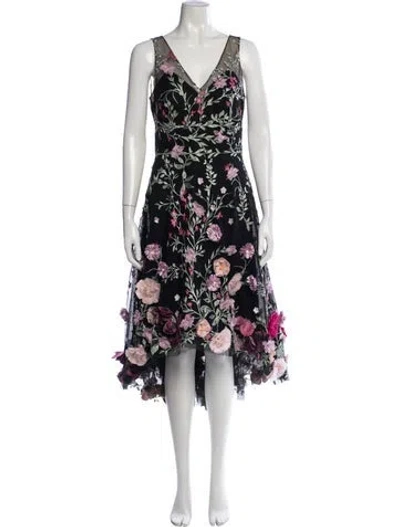 Pre-owned Marchesa Notte Floral Print Midi Length Dress In Black
