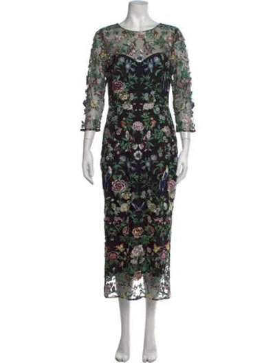 Pre-owned Marchesa Notte Floral Print Midi Length Dress In Black