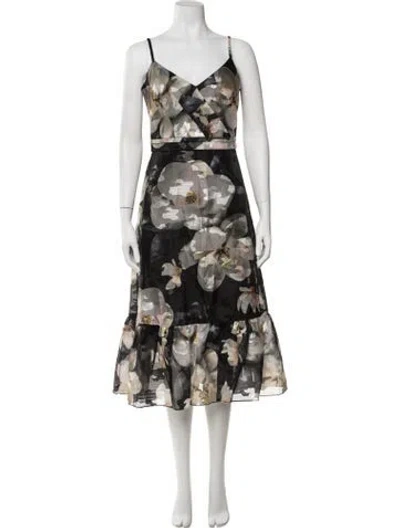 Pre-owned Marchesa Notte Floral Print Midi Length Dress In Black