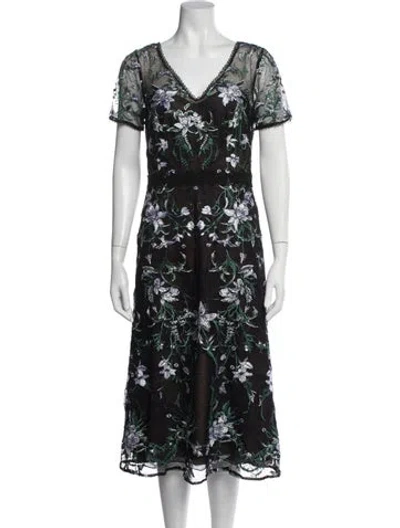 Pre-owned Marchesa Notte Floral Print Midi Length Dress In Black