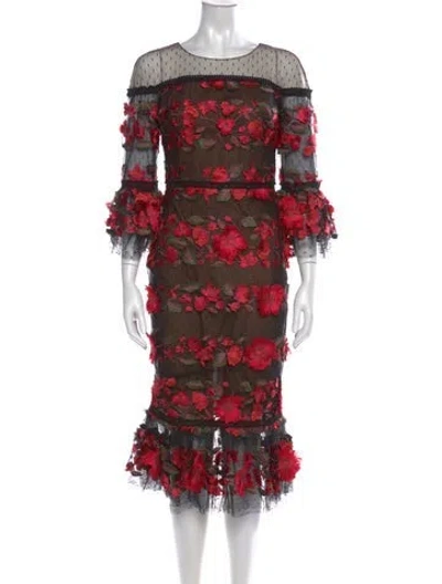Pre-owned Marchesa Notte Floral Print Midi Length Dress In Black/metallic