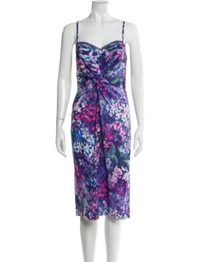 Pre-owned Marchesa Notte Floral Print Midi Length Dress In Blue