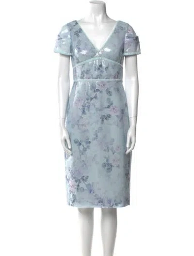 Pre-owned Marchesa Notte Floral Print Midi Length Dress In Blue