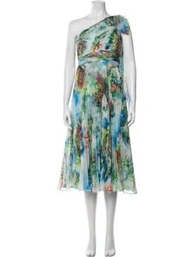 Pre-owned Marchesa Notte Floral Print Midi Length Dress In Blue