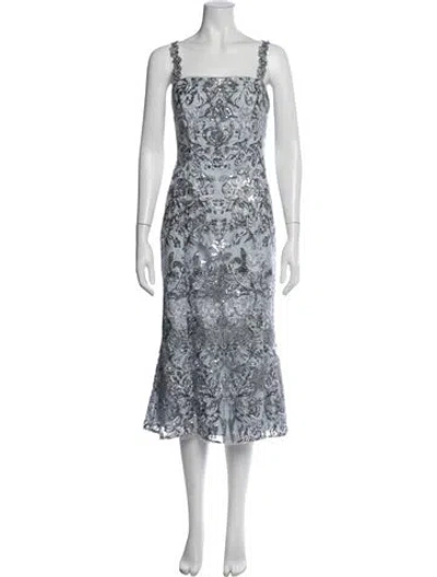 Pre-owned Marchesa Notte Floral Print Midi Length Dress In Blue
