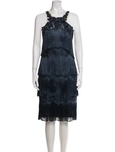 Pre-owned Marchesa Notte Floral Print Midi Length Dress In Blue