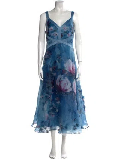 Pre-owned Marchesa Notte Floral Print Midi Length Dress In Blue