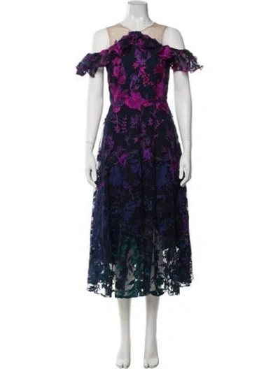 Pre-owned Marchesa Notte Floral Print Midi Length Dress In Blue