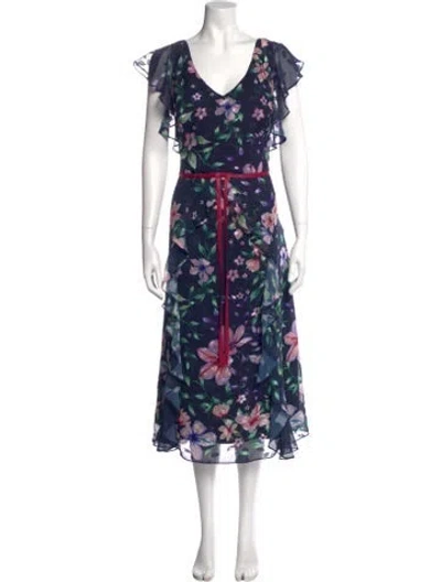 Pre-owned Marchesa Notte Floral Print Midi Length Dress In Blue