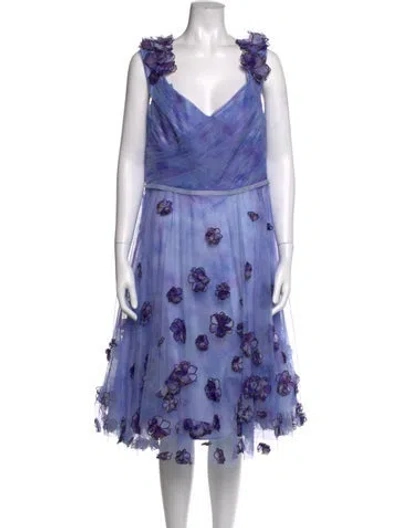 Pre-owned Marchesa Notte Floral Print Midi Length Dress In Blue