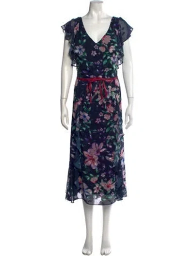 Pre-owned Marchesa Notte Floral Print Midi Length Dress In Blue