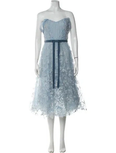 Pre-owned Marchesa Notte Floral Print Midi Length Dress In Blue