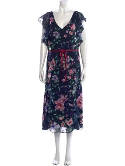 Pre-owned Marchesa Notte Floral Print Midi Length Dress In Blue