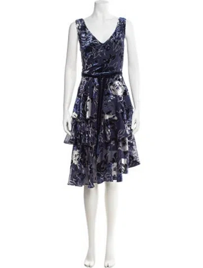 Pre-owned Marchesa Notte Floral Print Midi Length Dress In Blue