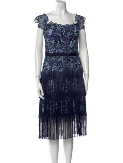 Pre-owned Marchesa Notte Floral Print Midi Length Dress In Blue