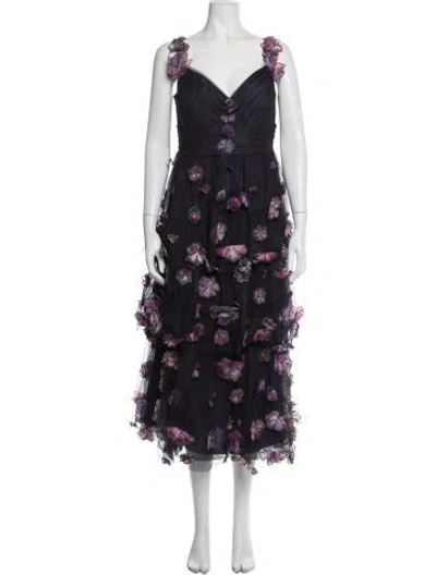 Pre-owned Marchesa Notte Floral Print Midi Length Dress In Blue