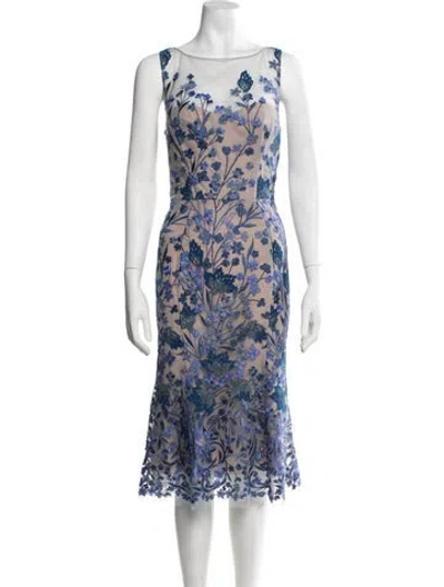 Pre-owned Marchesa Notte Floral Print Midi Length Dress In Blue