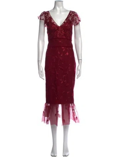 Pre-owned Marchesa Notte Floral Print Midi Length Dress In Burgundy