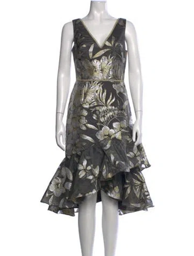 Pre-owned Marchesa Notte Floral Print Midi Length Dress In Gold/grey/metallic