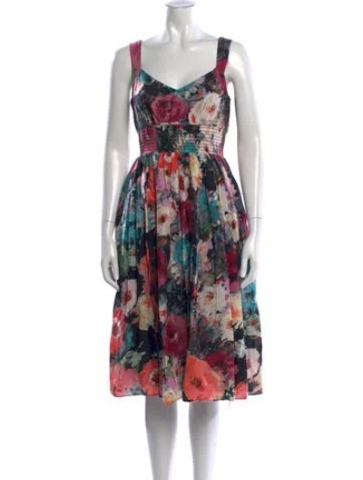 Pre-owned Marchesa Notte Floral Print Midi Length Dress In Neutral