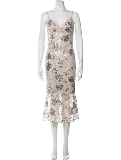Pre-owned Marchesa Notte Floral Print Midi Length Dress In Neutrals