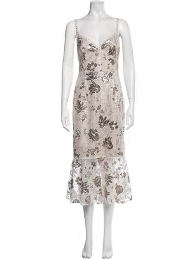 Pre-owned Marchesa Notte Floral Print Midi Length Dress In Neutrals
