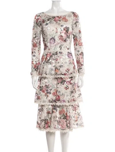 Pre-owned Marchesa Notte Floral Print Midi Length Dress In Neutrals