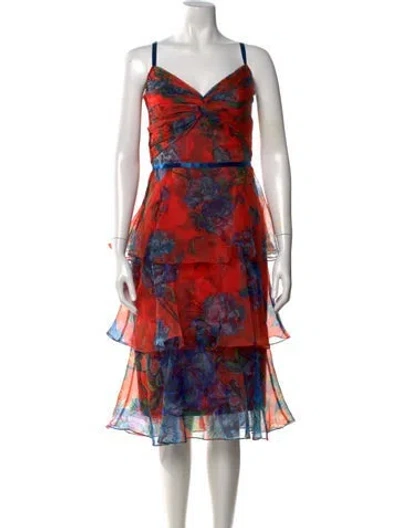 Pre-owned Marchesa Notte Floral Print Midi Length Dress In Orange