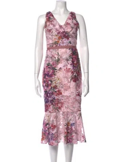 Pre-owned Marchesa Notte Floral Print Midi Length Dress In Pink