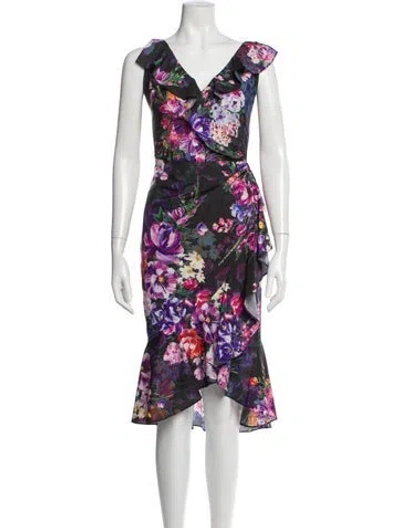 Pre-owned Marchesa Notte Floral Print Midi Length Dress In Purple