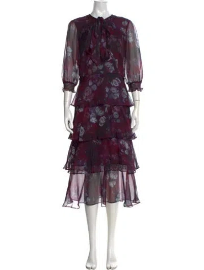 Pre-owned Marchesa Notte Floral Print Midi Length Dress In Purple