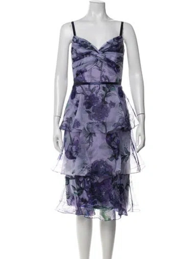 Pre-owned Marchesa Notte Floral Print Midi Length Dress In Purple