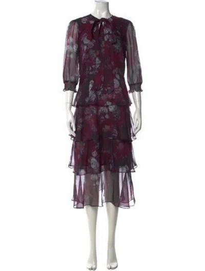 Pre-owned Marchesa Notte Floral Print Midi Length Dress In Purple