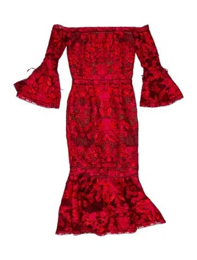 Pre-owned Marchesa Notte Floral Print Midi Length Dress In Red