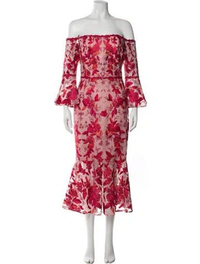 Pre-owned Marchesa Notte Floral Print Midi Length Dress In Red