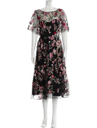 Pre-owned Marchesa Notte Floral Print Midi Length Dress W/ Tags In Black
