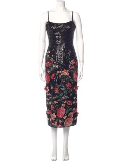 Pre-owned Marchesa Notte Floral Print Midi Length Dress W/ Tags In Black
