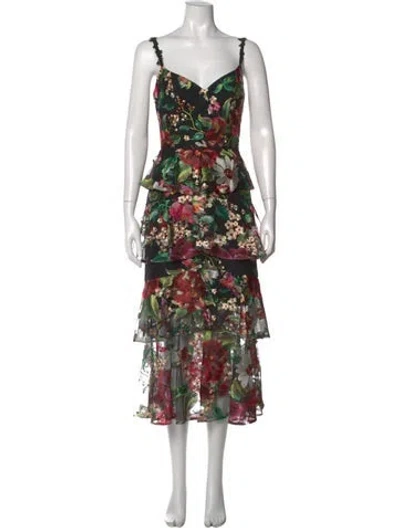 Pre-owned Marchesa Notte Floral Print Midi Length Dress W/ Tags In Black
