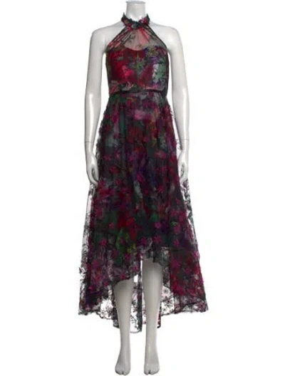 Pre-owned Marchesa Notte Floral Print Midi Length Dress W/ Tags In Black