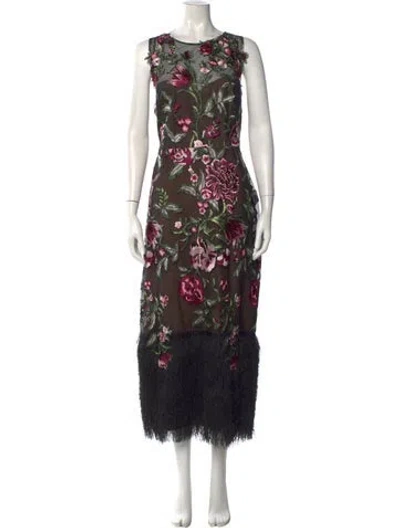 Pre-owned Marchesa Notte Floral Print Midi Length Dress W/ Tags In Black