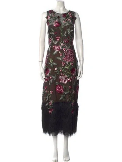 Pre-owned Marchesa Notte Floral Print Midi Length Dress W/ Tags In Black